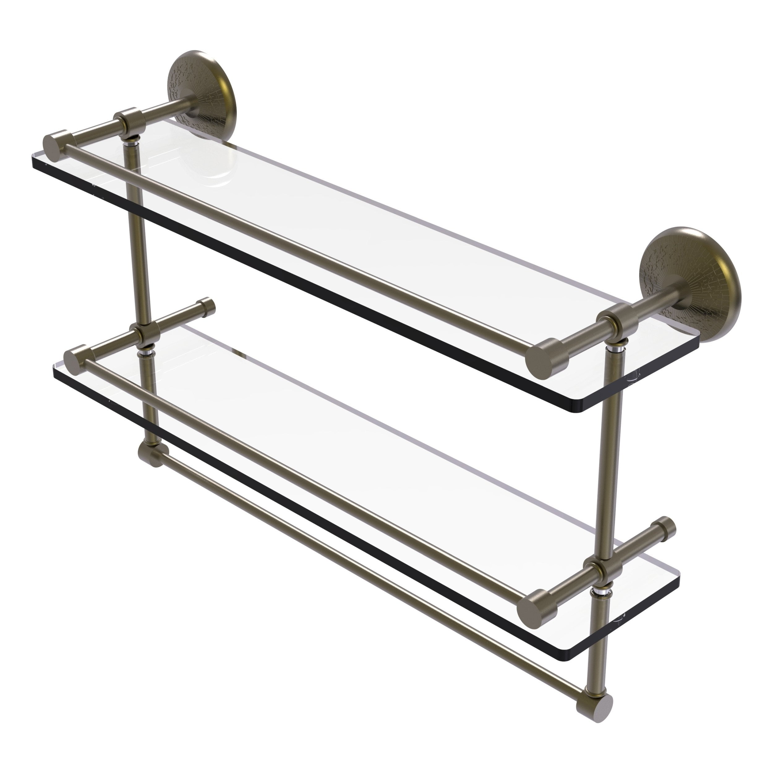 22in Gallery Double Glass Shelf with Towel Bar in Antique Brass