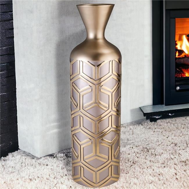 22" Gold and Brown Geometric Polyresin Decorative Floor Vase