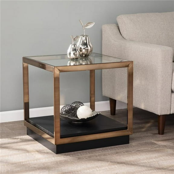22 in. Glass & Iron Square End Table with Shelf, Champagne