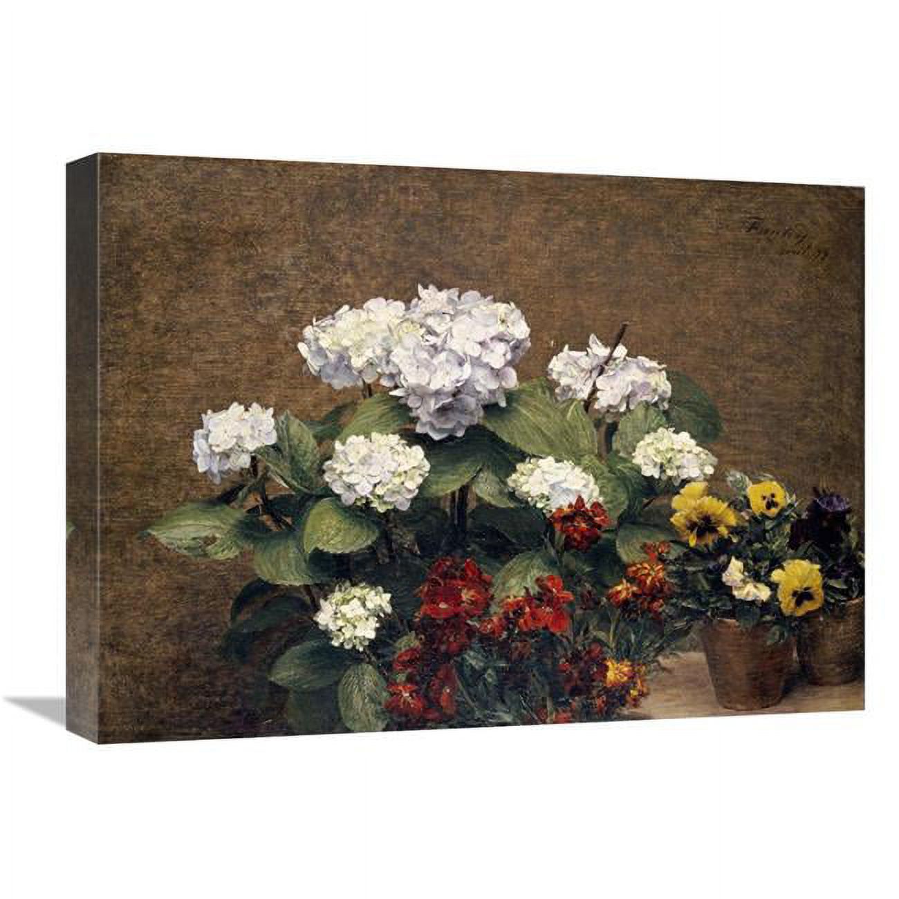22 in. Hydrangeas, Wallflowers & Two Pots of Pansies Art Print Henri