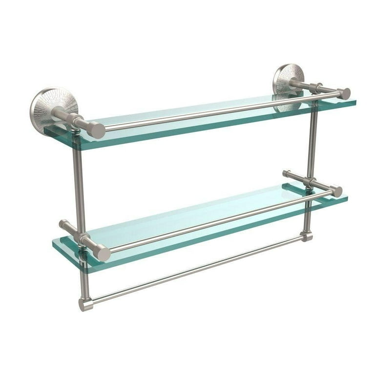 22 in. L x 12 in. H x 5 in. W 2-Tier Clear Glass Bathroom Shelf with Towel Bar in Polished Chrome 22 in. L x 12 in. H x 5 in. W 2-Tier Clear Glass Bathroom Shelf with Towel Bar in Polished Chrome