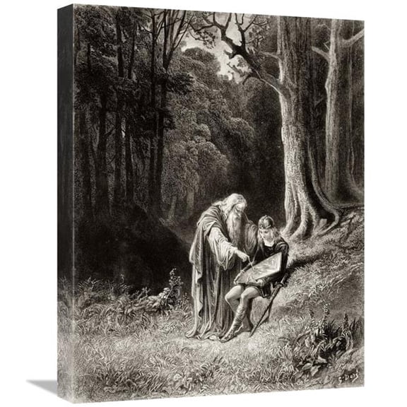 22 in. Merlin Paints the Young Knights Shield Art Print - Gustave Dore