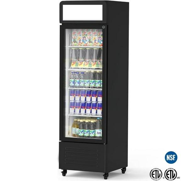 22" Single Glass Door Commercial Refrigerator, 8.1 Cu. Ft. Beverage Display Fridge, NSF Certified