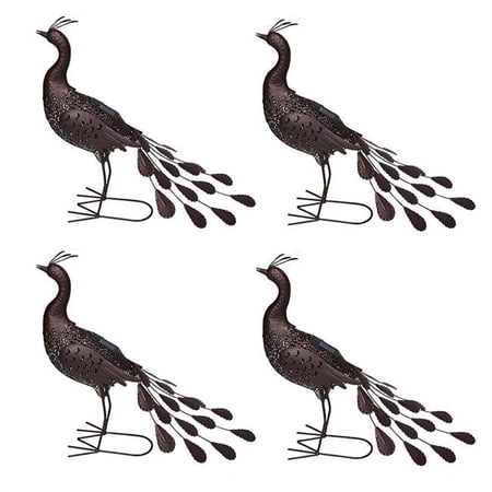 22 in. Steel Indoor & Outdoor Animal Garden Peacock Metal Sculpture Statue with Solar Light & Ground Stake, Hammer Tone Bronze - Pack of 4
