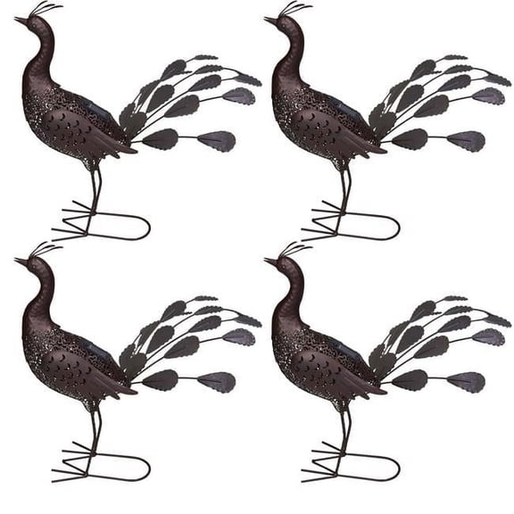 22 in. Steel Indoor & Outdoor Animal Garden Peacock Metal Sculpture Statue with Solar Light & Ground Stake, Hammer Tone Bronze - Pack of 4