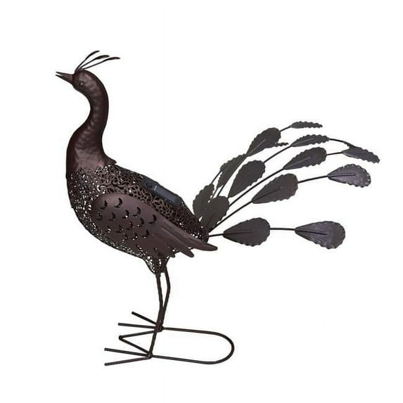 22 in. Steel Indoor & Outdoor Animal Garden Peacock Metal Sculpture Statue with Solar Light & Ground Stake, Hammer Tone Bronze