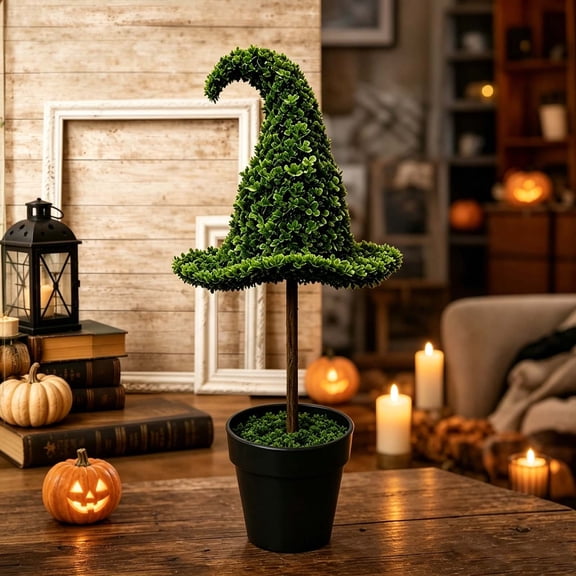 22 inch Artificial Halloween Witch Hat Topiary Tree, Realistic Faux Boxwood Shrub in Pot, Small Potted Fake Plants for Indoor Outdoor Home Office Fall Thanksgiving Decor