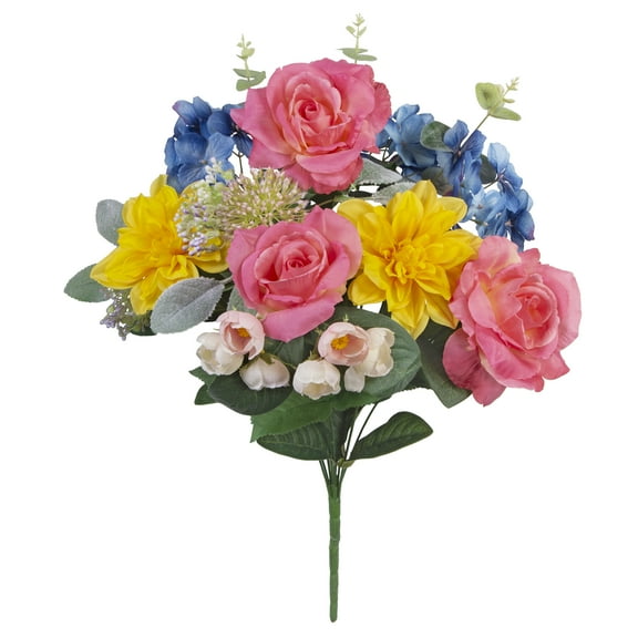22-inch Artificial Silk Pink, Blue & Yellow Roses & Hydrangea Mixed Flowers Bouquet, for Indoor Use, by Mainstays