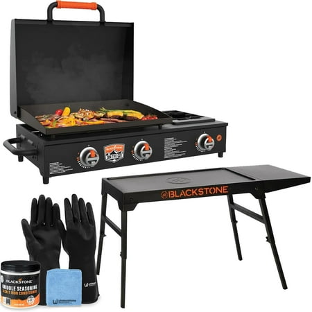 22 inch Blackstone Griddle with Hood, Side Burner, and Grill Stand, Tabletop Flat Top Grill Propane Portable Gas Grill and Outdoor BBQ Grill & Blackstone Seasoning and Wholesalehome Gloves and Cloth