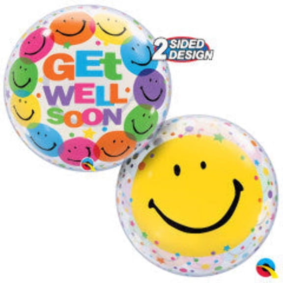 22 inch Bubble - Get Well Soon Smile Faces Qualatex Bubble Balloon - Party Supplies Decorations