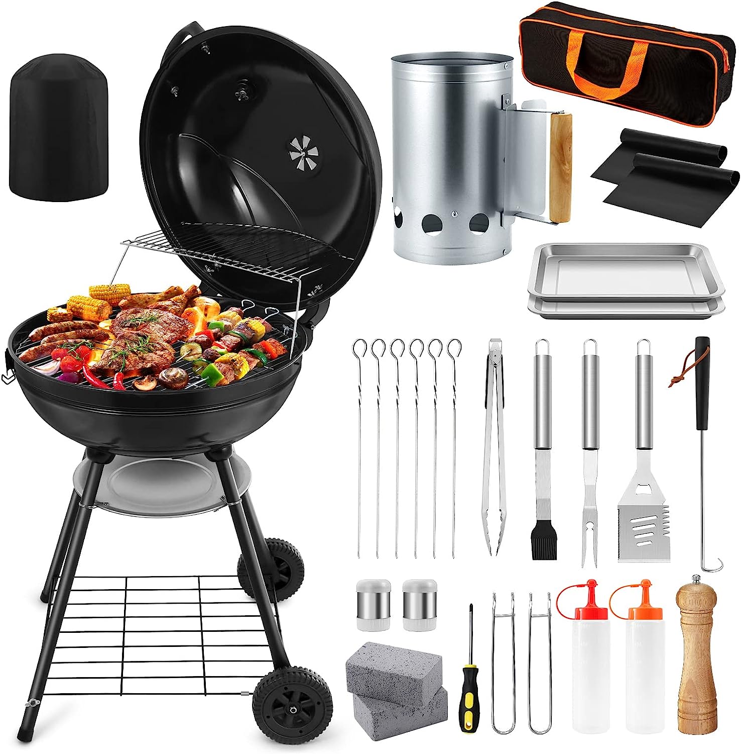 22inch Charcoal Kettle Grill Set of 31, 2 Layer Grilling Racks Outdoor