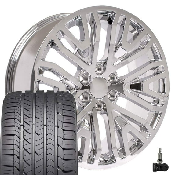 OE Wheels CV37 22 Inch Rims and Tires Fit Sierra 1500 Style 6x139.7 22x9 Chrome - Hollander 5906 - Eagle Sport AS 285/45-22 (Set of 4)