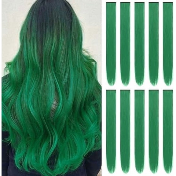 22 inch Colored Hair Extensions,Color Green Party Highlights Clip in Synthetic Hair Extensions,Colorful Long Straight Hairpieces for Girls Women Favor (10 PCS Dark Green)