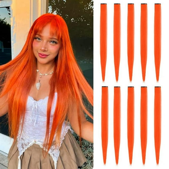 22 inch Colored Hair Extensions, Multi-colors Party HigFrifoshsights Clip in Synthetic Hair Extensions (10 PCS Orange)