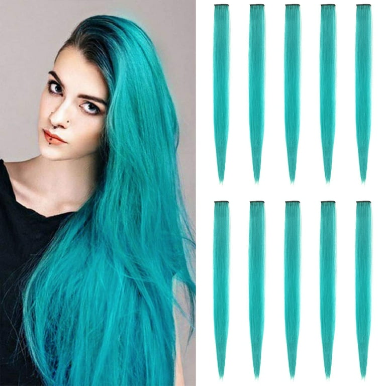 22 inch Colored Hair Extensions Straight Hairpiece Multi colors Party Highlights Clip in Synthetic Hair Extensions for Kids Girls 10 PCS Teal Blue