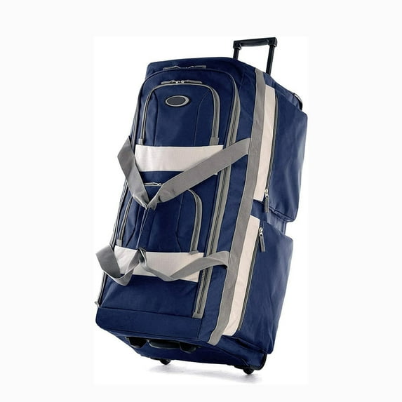 22 inch Jumbo size 8 Pocket U shaped Lightweight Water Rolling Duffel Bag, Suitcase with Push Button and Hide Away Retractable Handle for Business, Study, Travel, Navy