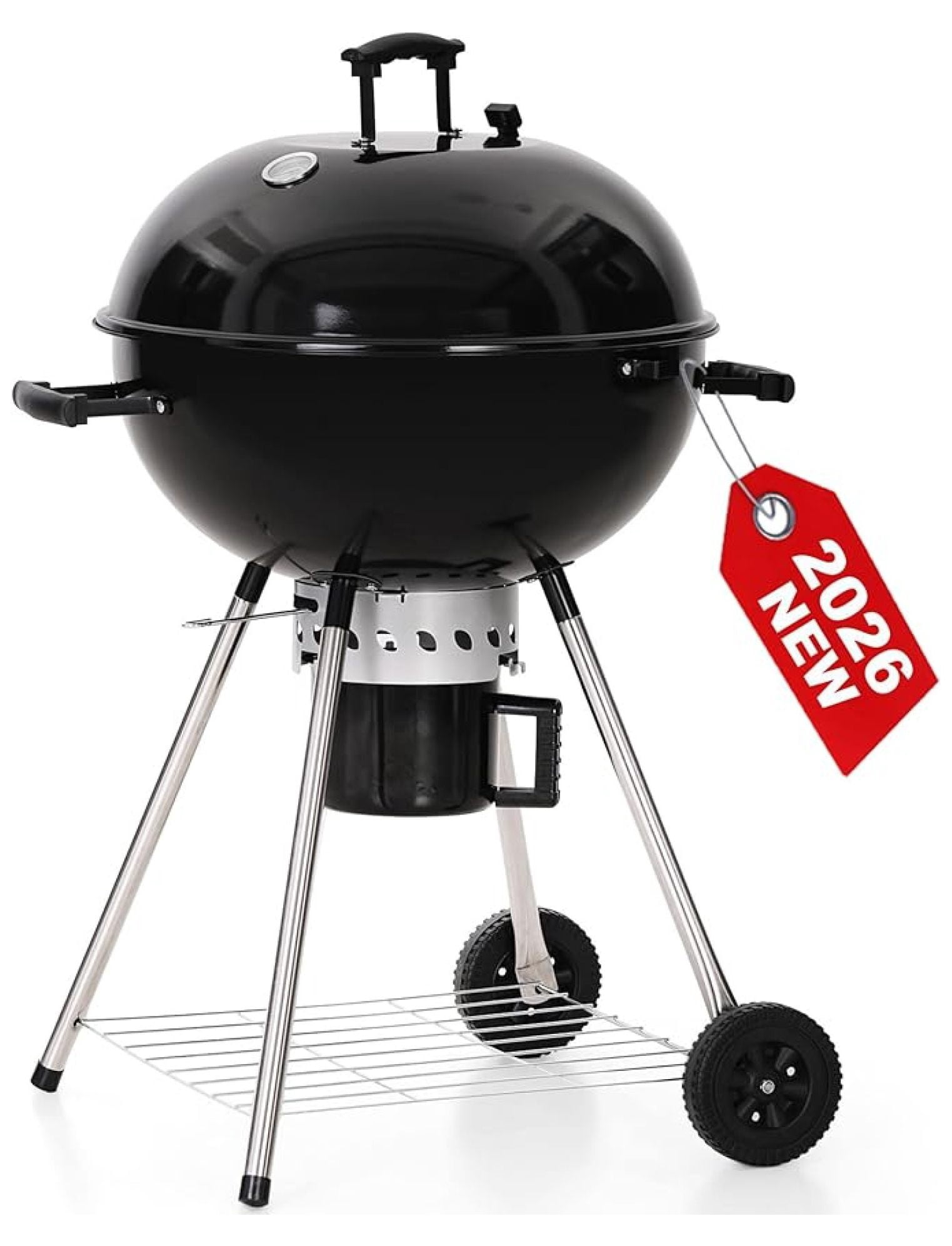22 inch Kettle Charcoal BBQ Grill with Wheels, Portable Charcoal Grill with Porcelain-Enameled Lid & Catcher for Outdoor Cooking Barbecue Camping Picnics Tailgating, Black