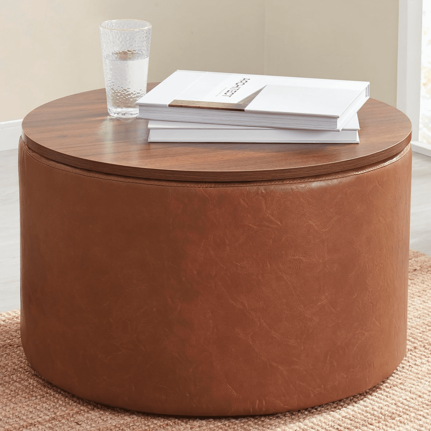 22 inch Large Round Ottoman Coffee Table Storage Ottoman with Wooden ...