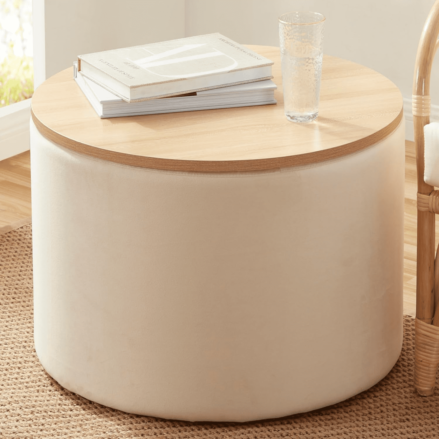 22 inch Large Round Ottoman Coffee Table Storage Ottoman with Wooden ...
