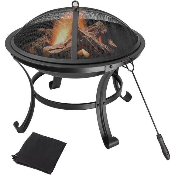 22-inch Outdoor Fire Pit, Durable Firepit with Mesh Lid, Log Grate, and Fire Poker, Waterproof Cover. Small Fire Pit for Outside Backyard, Camping, Beach