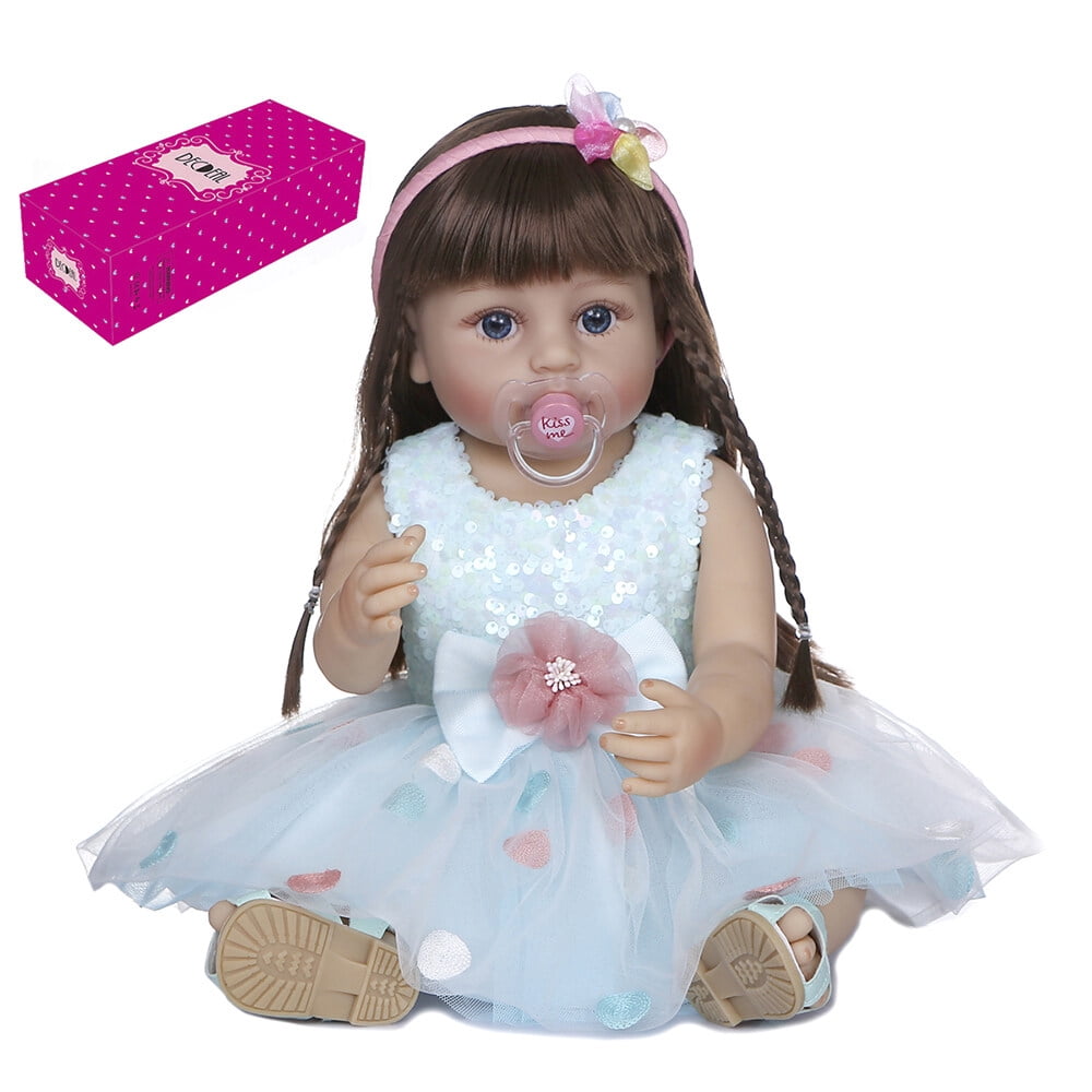 22 inch Reborn Baby Doll Silicone Full Body Lifelike Cute Bath Dolls Baby Gift Doll with Blue Sleeveless Princess Dress