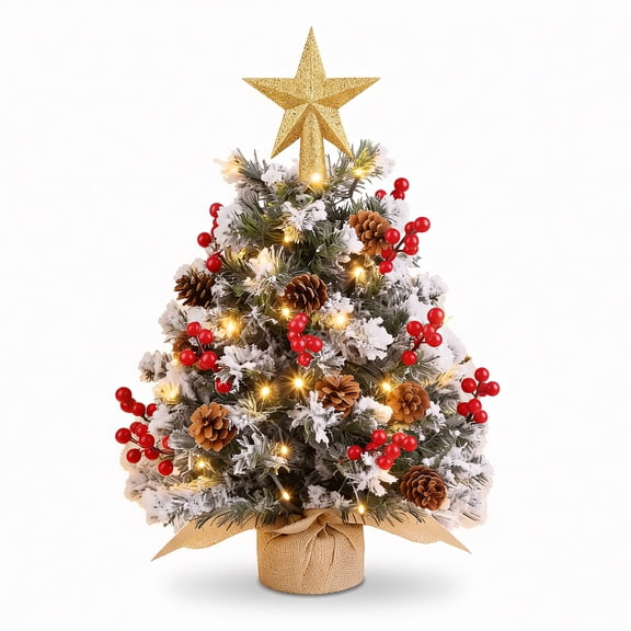 22 inch Tabletop Christmas Tree with Lights, Snowy Artificial Small Christmas Trees Battery Operated 30 Warm Lights Red Berries Pine Cone Stable Base Mini Tree Xmas Decorations Indoor Holiday