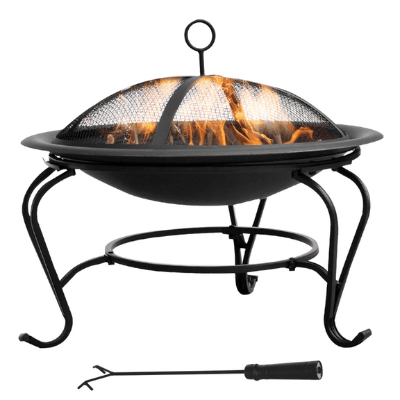 22-inch black round fire basin, multi-functional outdoor heating device with splash guard and fire poker, creates a warm party atmosphere, suitable for heating your patio or garden.