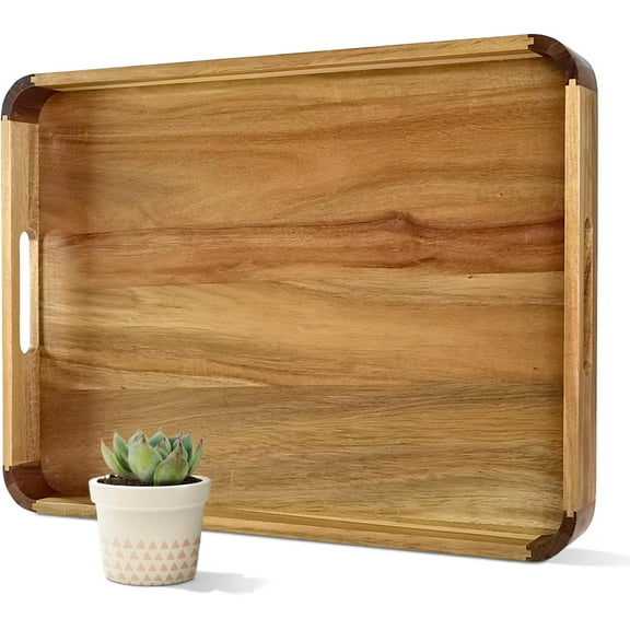 22 inches Acacia Wood Ottoman Serving Tray with Handles & Rounded Corners | Large Rectangular Decorative Wooden Tray for Living Room Kitchen Coffee Table Couch Bed