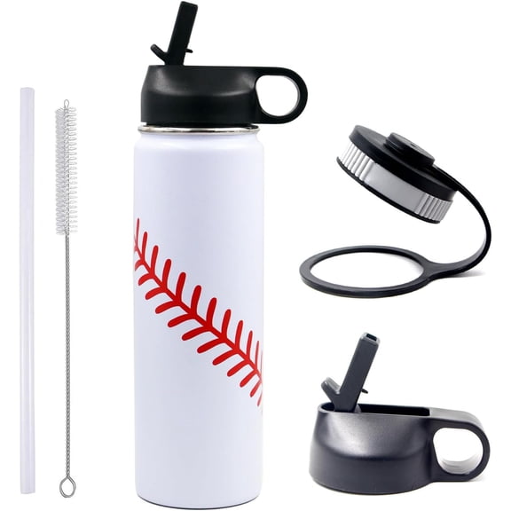 22 oz Baseball Water Bottle,  Flask Metal Travel Tumbler with 2 , Stainless Steel Double Wall Vacuum Insulated Leak Proof Water Bottles, Baseball Accessories Stuff Gifts for Mom Boys Girls