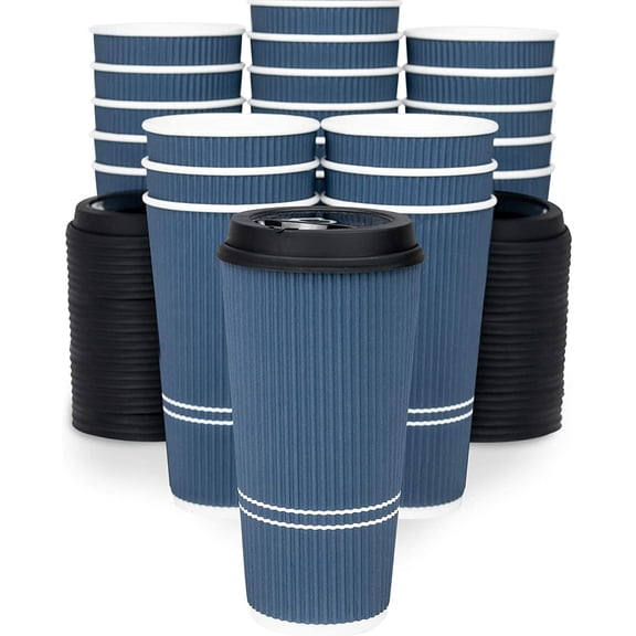 22 oz Disposable Insulated Paper Ripple Coffee Cup with Lid for Hot or Cold Beverages Royal Blue