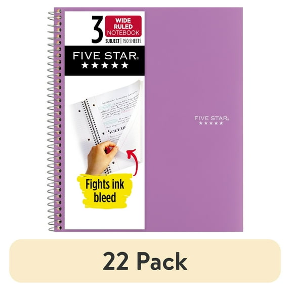 (22 pack) Five Star Spiral Notebook + Study App, 3 Subject, Wide Ruled, 8" x 10.5", Amethyst