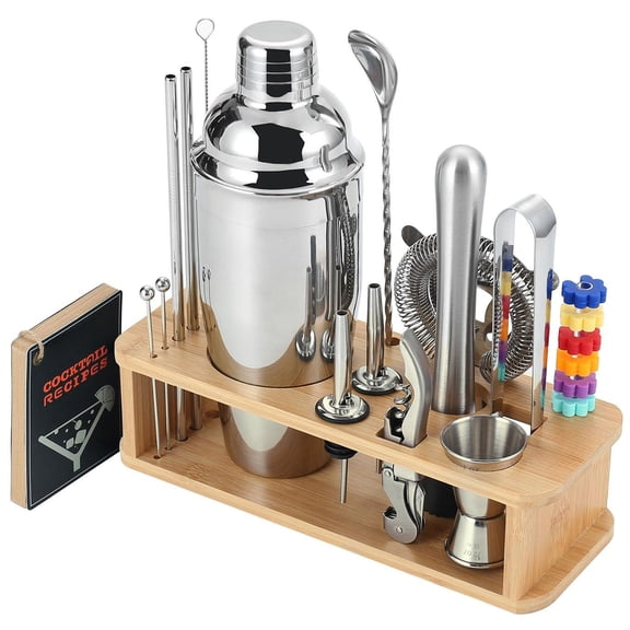 22-pc Cocktail Shaker Set(24oz/700ml) | Mixology Bartender Kit Bar Tool Set Martini Making With 39-recipe Cards & Kit's Deco  Stand Color Tools