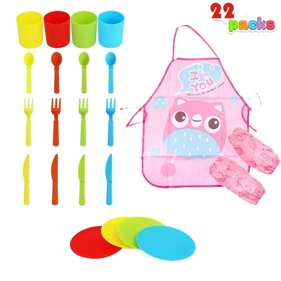22-Pc Colored Kids Dishes Set Learning Toy for Girls 3-6 Years Boys, Durable Plastic Dish & Utensils for Play Kitchens