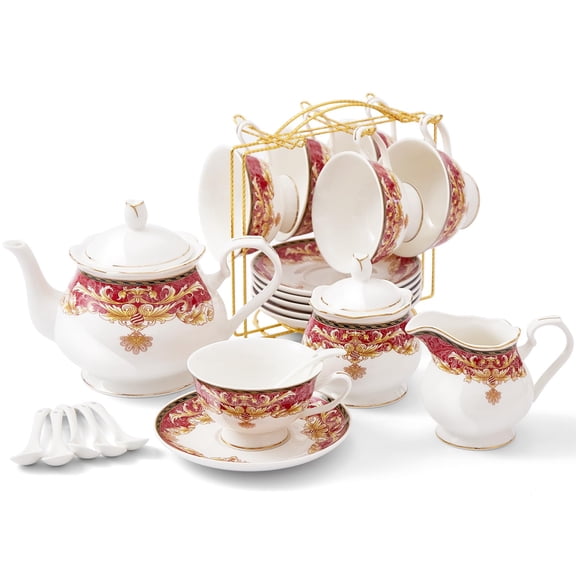 22 pcs Porcelain Tea Set for 6, Luxury British Style Tea/Coffee Cup Set with Trim, Beautiful Tea Set for Women, Tea Party Set, Gift Package (With a Stand)