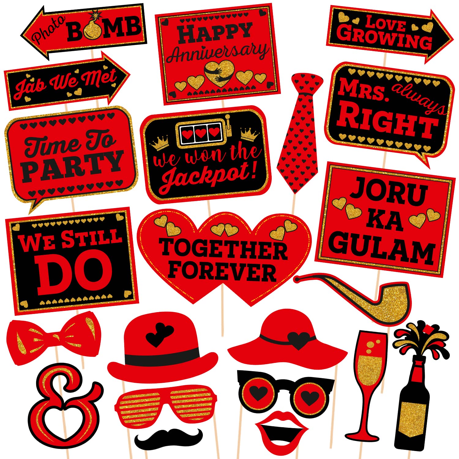 Red Props 22 pcs Wedding Anniversary Photo Booth Party Props DIY Kit, Red & Black ...