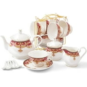 22 pcs White Porcelain Tea Set for 6, Luxury British Style Tea/Coffee Cup Set with Golden Trim, Beautiful Tea Set for Women, Tea Party Set, Gift Package With a Stand