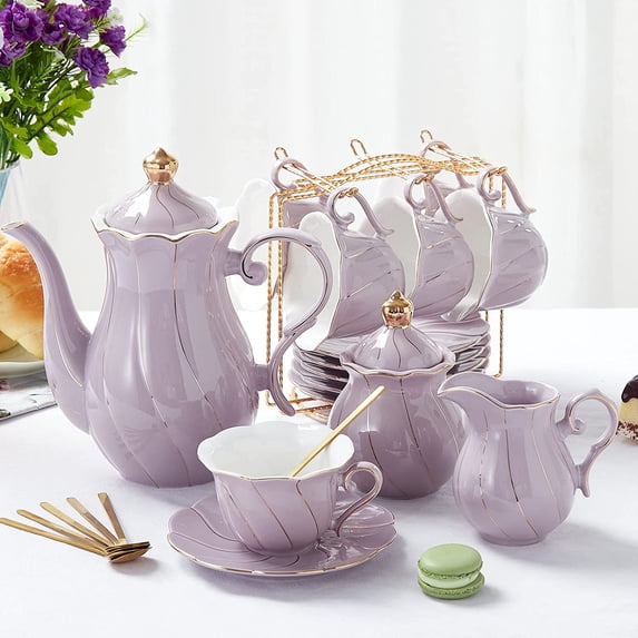 22 pcs White Porcelain Tea Set for 6, Luxury British Style Tea/Coffee Cup Set with Golden Trim, Beautiful Tea Set for Women, Tea Party Set, Gift Package (With a Stand)