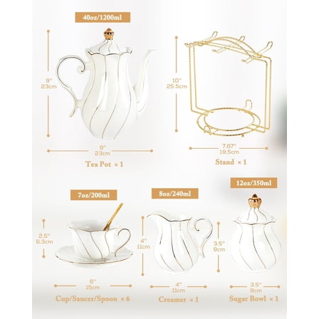 22 pcs White Porcelain Tea Set for 6, Luxury British Style Tea/Coffee Cup Set with Golden Trim, Beautiful Tea Set for Women, Tea Party Set, Gift Package (With a Stand)