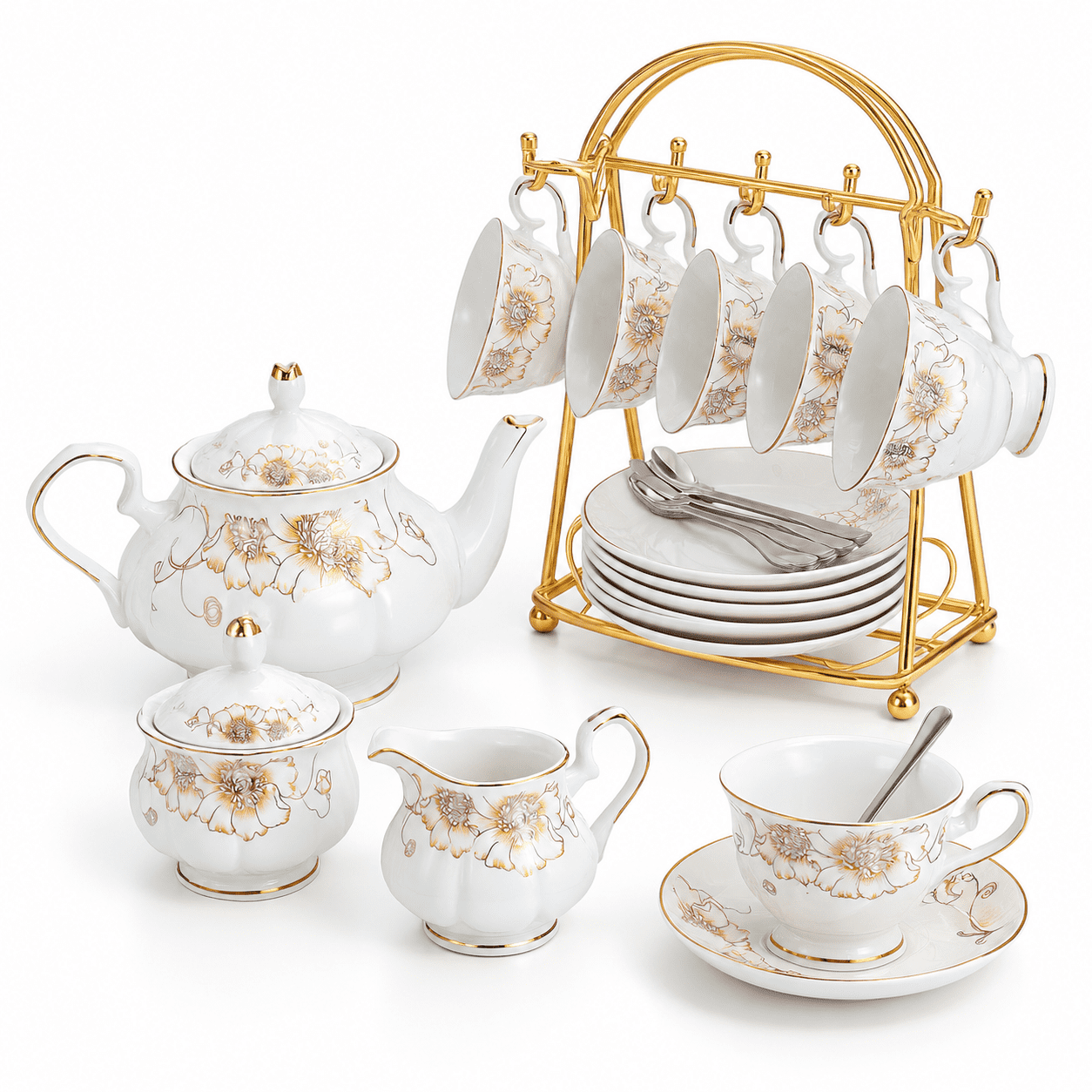Manly Tea Set 22-piece Porcelain Tea and Coffee Serving Set, White Yellow, 15.71 x 12 ...