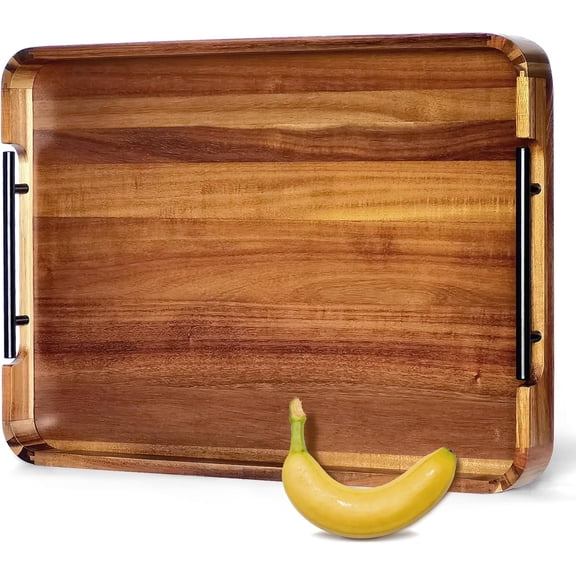 22" x 15.75" Acacia Wood Serving Tray with Metal Handles & Rounded Corners, Large Rectangular Wooden Ottoman Tray for Coffee Table, Living Room, Kitchen, Food Serving