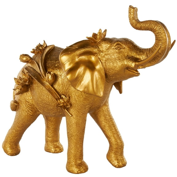 22" x 19" Gold Resin Walking Elephant Sculpture with Floral Accents, by DecMode