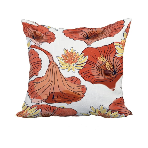 22 x 22 Inch Lotokoi Red Orange Floral Print Decorative Polyester Throw Pillow with Linen Texture