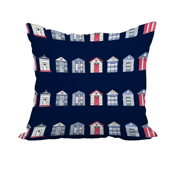 22 x 22 Inch Multi Beach Hut Navy Stripe Print Decorative Polyester Throw Pillow with Linen Texture