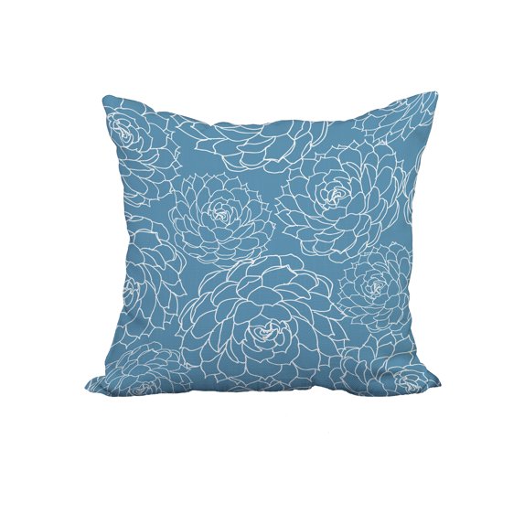 22 x 22 Inch Olena Blue Floral Print Decorative Polyester Throw Pillow with Linen Texture
