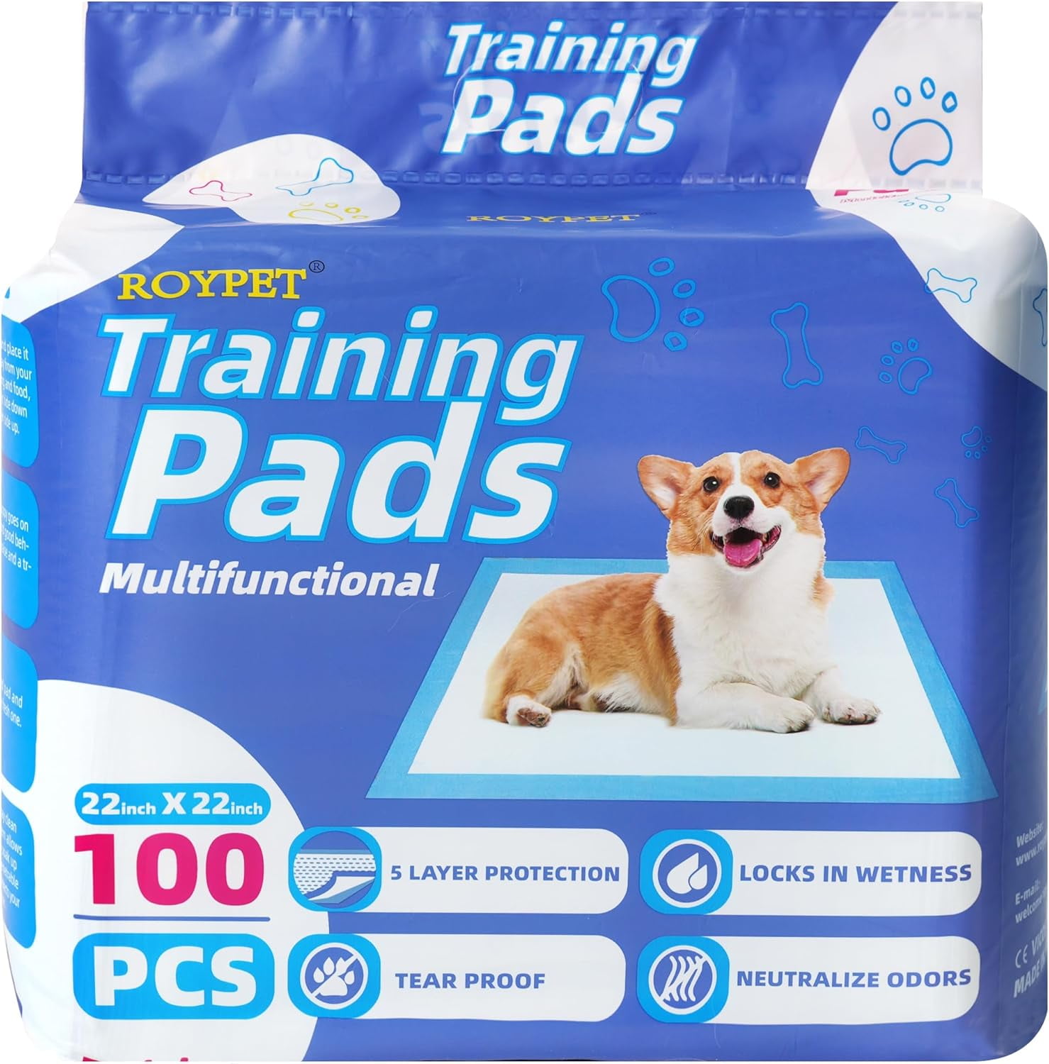 22" x 22" Puppy Training Pads in Bag, 5-Layer Leak-Proof Design and Quick-Dry, Surface for Potty Training, Ultra Absorbent and Odor Eliminating, 100 Count, Blue & White