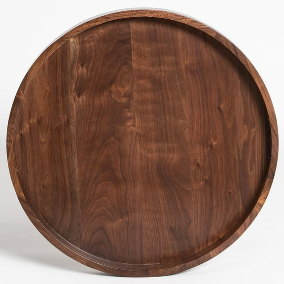 22 x 22 inches Round Ottoman Table Tray, Wooden Solid Black Walnut Circle Platter Decorative Serving Tray with Handle for Oversized Ottoman Home Breakfast in Bed Tea Coffee
