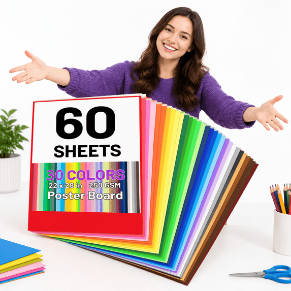 22 x 28 Inch Colored Poster Board Paper, 60 Sheets, 30 Colors, 250 Gsm ...