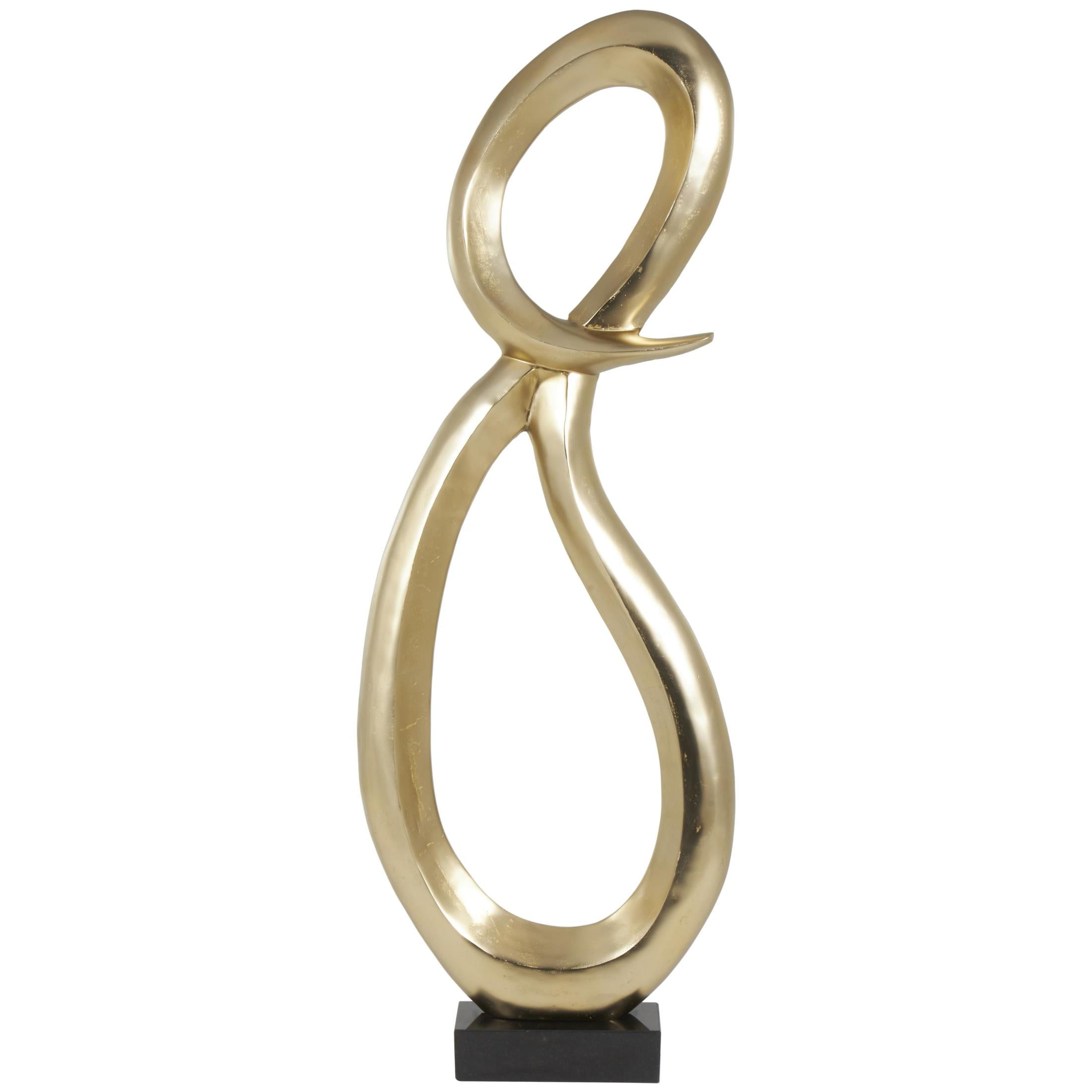 22" x 62" Gold Aluminum Metal Tall Looped Floor Abstract Sculpture with Black Marble Base, by DecMode