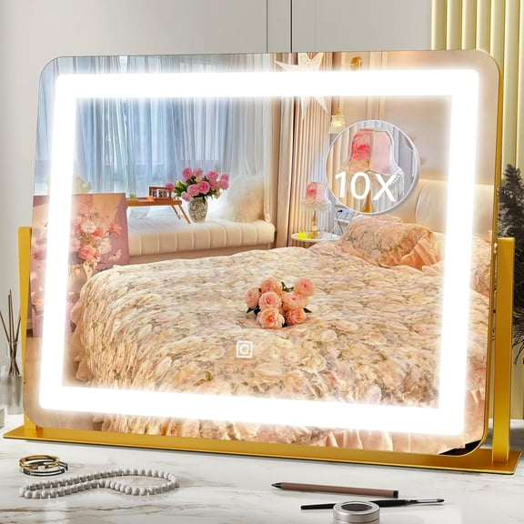 22"x20" HD Lighted Vanity Mirror with 3-Color Dimmable LED, 10X Magnification, Touch Control, for Bedroom & Dressing Room