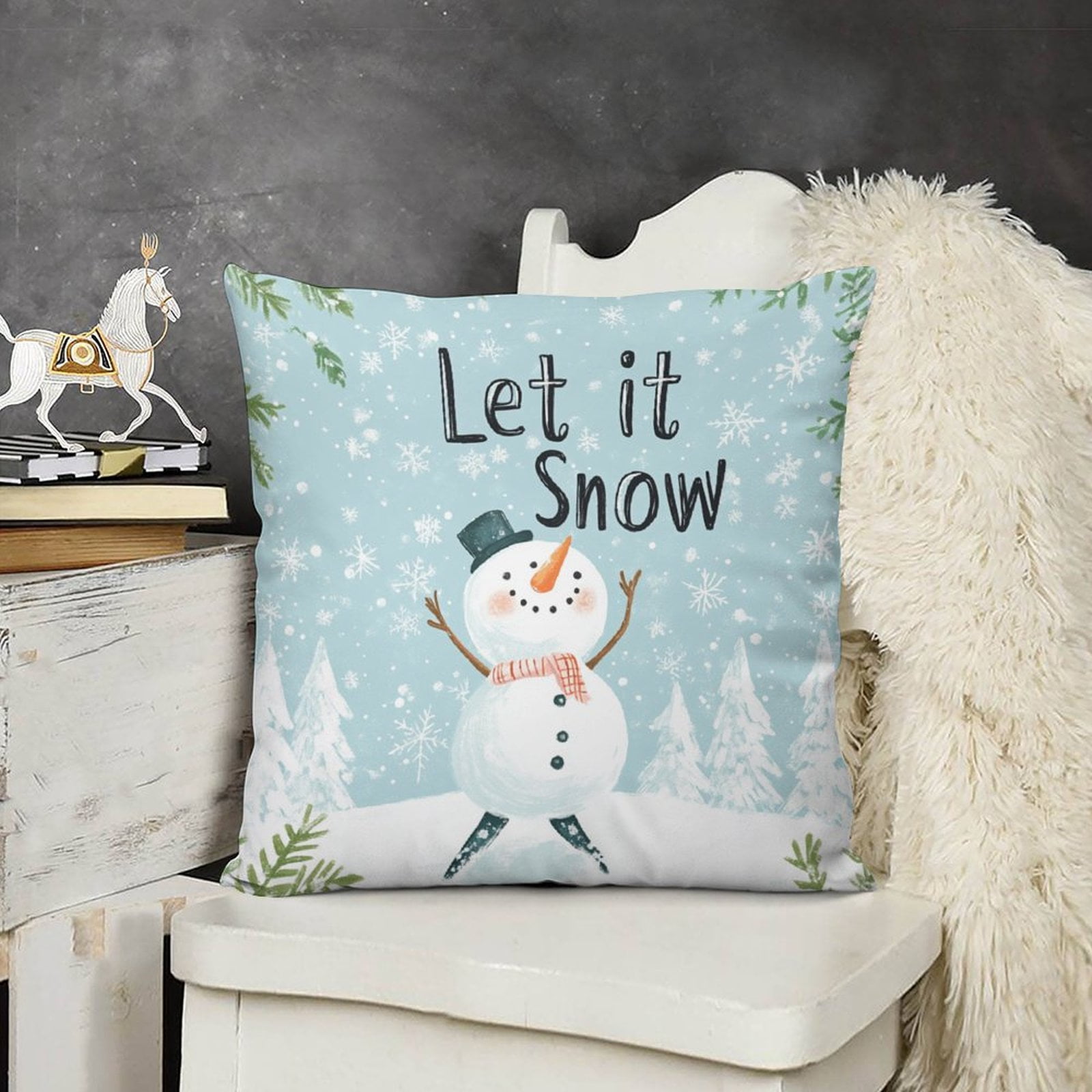 22 "x22 " Pillow Cushion Case Let It Snow Happy Snowman Sofa Couch